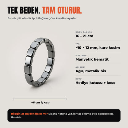 Hematit bileklik ölçüleri: boncuk ~10×12 mm, 16–21 cm bilek